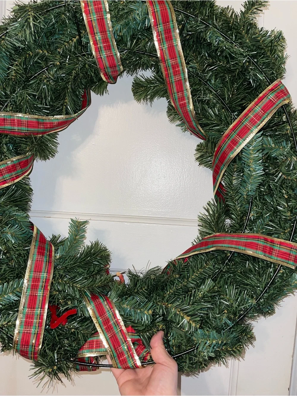 Festive Green Christmas 24 Inch Wreath with Red Plaid Ribbon and Angel Ornaments